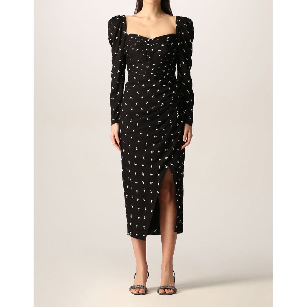 Self Portrait Long Sleeve Black White Polka Dot Sweetheart Neckline Midi Dress 0